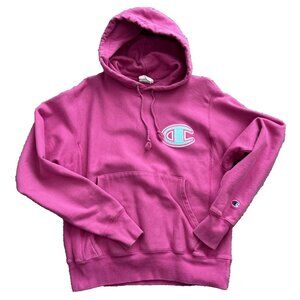 Champion Reverse Weave Chenille Patch Applique Pink Hoodie Sweatshirt Small